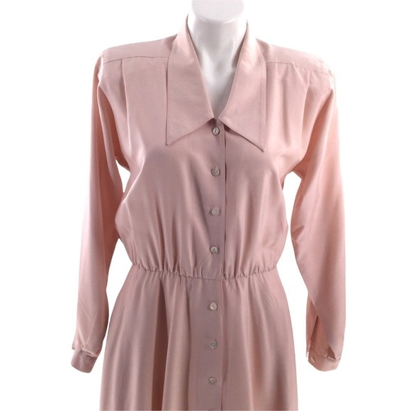 Vintage Liz Claiborne 100% Silk Pink Button Down Long Sleeve Shirt Dress - Picture 8 of 16